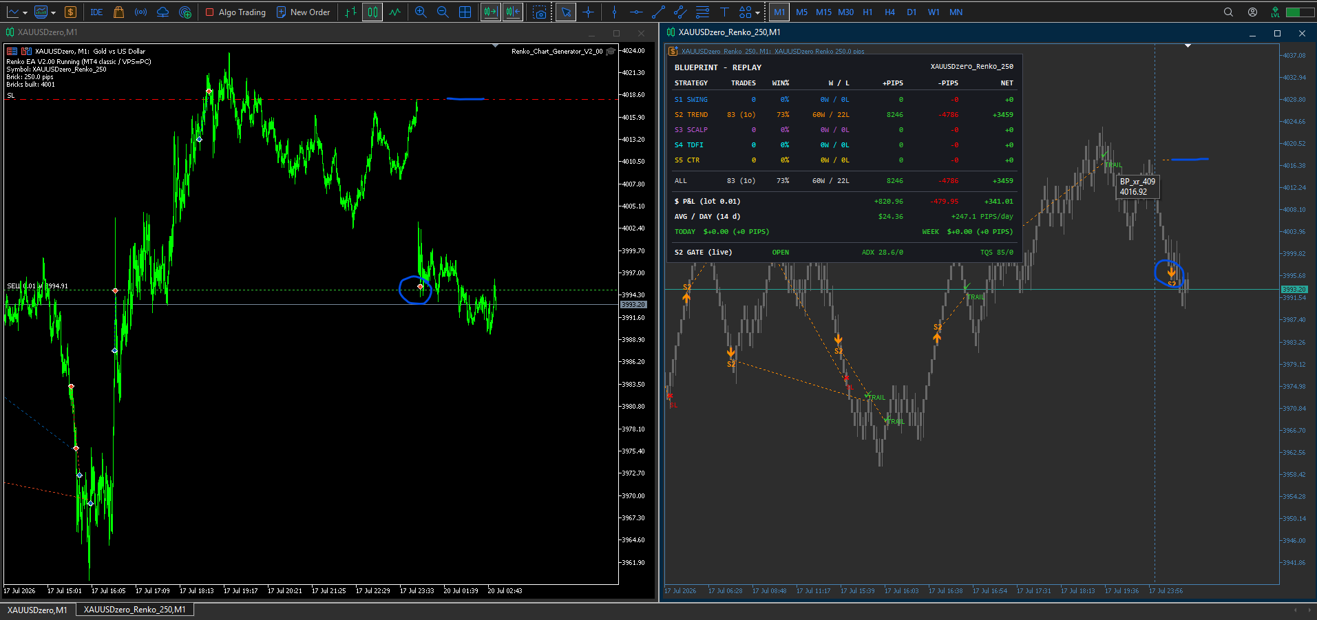 Blueprint EA and its Renko replay running side by side